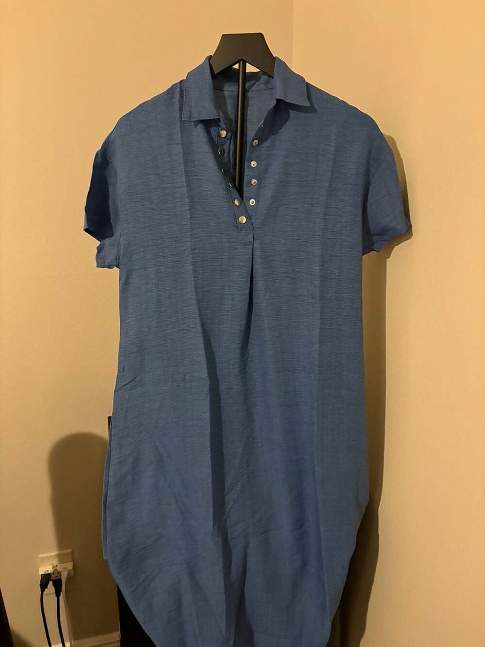Unbranded Blue Linen Short Sleeve Collared Button-Down Shirt Dress